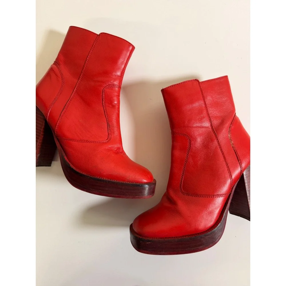 Nasty Gal Platform Ankle Boots Womens 5 Red Excellent Leather Square Toe Block‎